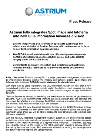 Astrium fully integrates Spot Image and Infoterra into new GEO-Information business division