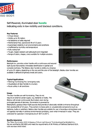 Self-Powered, illuminated door handle indicating exits in low visibility and blackout conditions.