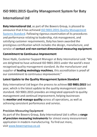 ISO 9001:2015 Quality Management System for Baty International Ltd