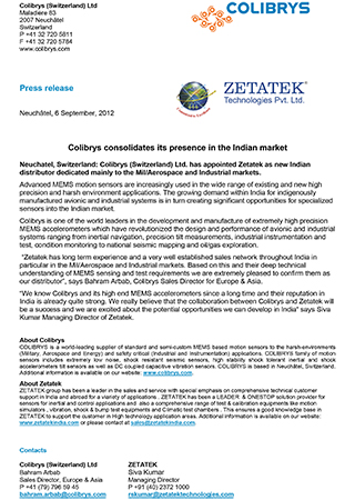Colibrys consolidates its presence in the Indian market