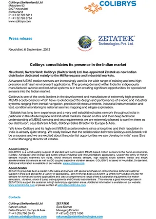 Colibrys consolidates its presence in the Indian market