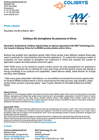 Colibrys SA strengthens its presence in China