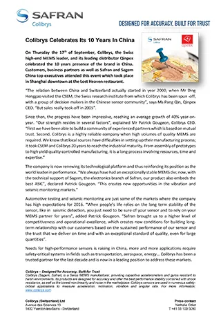 Colibrys Celebrates Its 10 Years In China