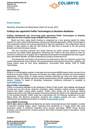 Colibrys has appointed Treffer Technologias as Brazilian distributor