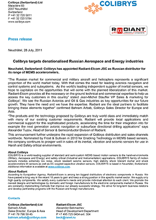 Colibrys targets denationalised Russian Aerospace and Energy industries