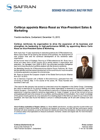 Colibrys appoints Marco Rossi as Vice-President Sales & Marketing