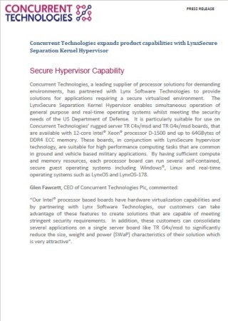 Concurrent Technologies expands product capabilities with LynxSecure Separation Kernel Hypervisor