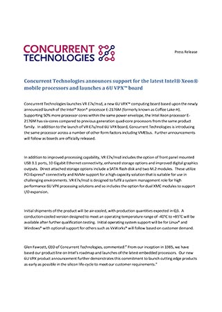 Concurrent Technologies Launches a 6U VPX Board