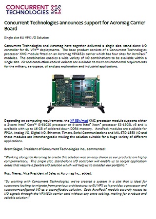 Concurrent Technologies announces support for Acromag Carrier Board
