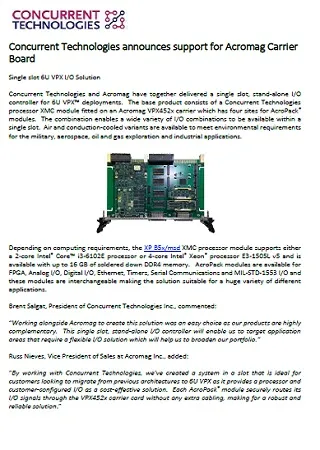 Concurrent Technologies announces support for Acromag Carrier Board