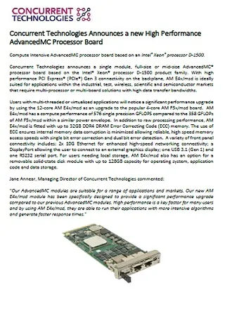 Concurrent Technologies Announces a new High Performance AdvancedMC Processor Board