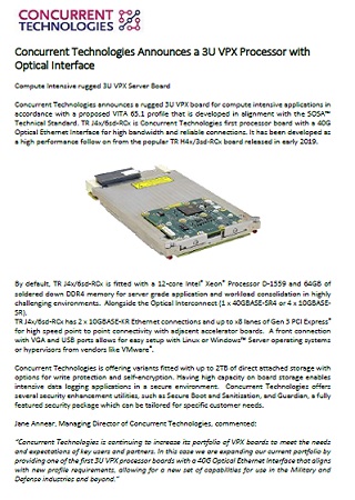 Concurrent Technologies Announces a 3U VPX Processor with Optical Interface