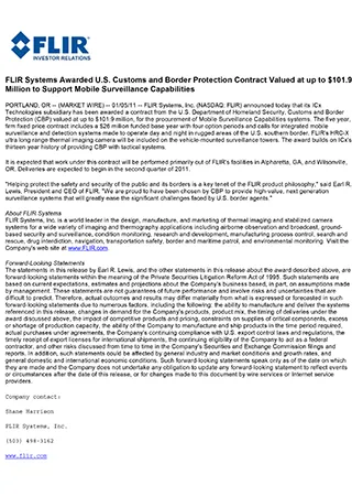 FLIR Systems Awarded U.S. Customs and Border Protection Contract Valued at up to $101.9 Million to Support Mobile Surveillance Capabilities