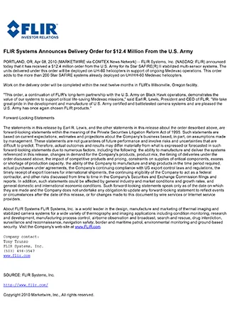 FLIR Systems Announces Delivery Order for $12.4 Million From the U.S. Army