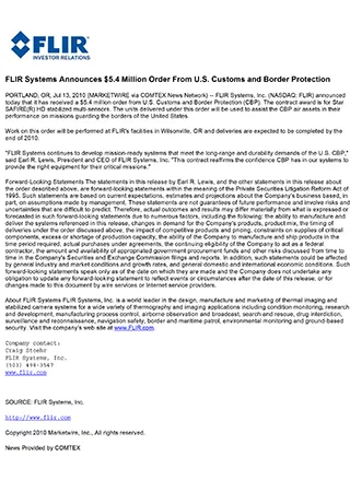 FLIR Systems Announces $5.4 Million Order From U.S. Customs and Border Protection