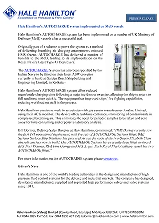 Hale Hamilton\'s AUTOCHARGE system implemented on MoD vessels