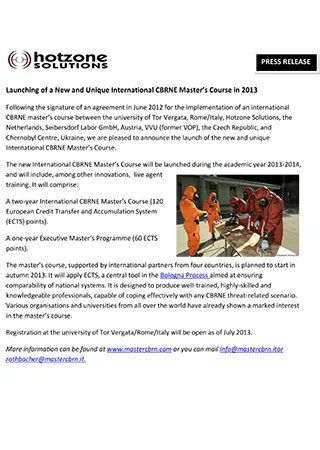 Launching of a New and Unique International CBRNE Master