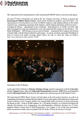 The Agreement for the implementation of the International CBRNE Master course has been signed