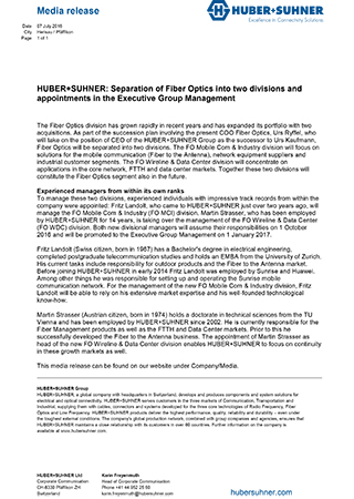 HUBER+SUHNER: Separation of Fiber Optics into two divisions and appointments in the Executive Group Management