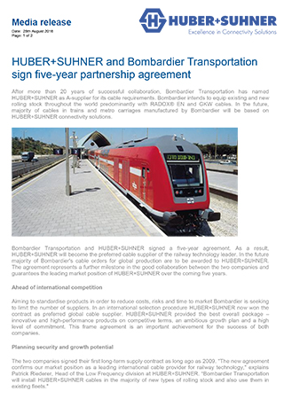 HUBER+SUHNER and Bombardier Transportation sign five-year partnership agreement