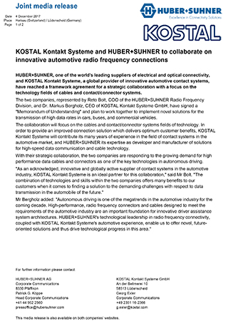 KOSTAL Kontakt Systeme and HUBER+SUHNER to collaborate on innovative automotive radio frequency connections