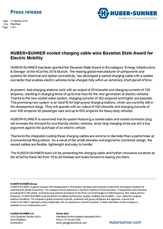 HUBER+SUHNER cooled charging cable wins Bavarian State Award for Electric Mobility
