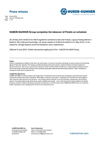 HUBER+SUHNER Group completes the takeover of Polatis on schedule