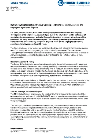 HUBER+SUHNER creates attractive working conditions for women, parents and employees aged over 50 years