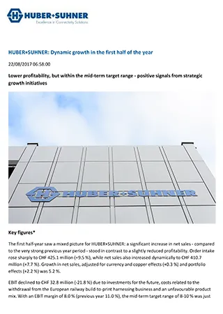 HUBER+SUHNER with double-digit growth and increased profitability in first half-year