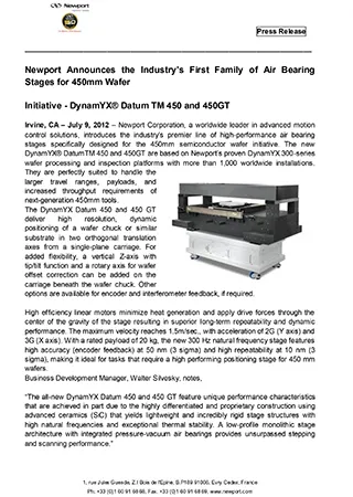 Newport Announces the Industrys First Family of Air Bearing Stages for 450mm Wafere