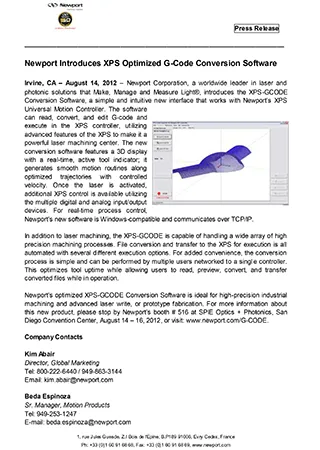 Newport Introduces XPS Optimized G-Code Conversion Software