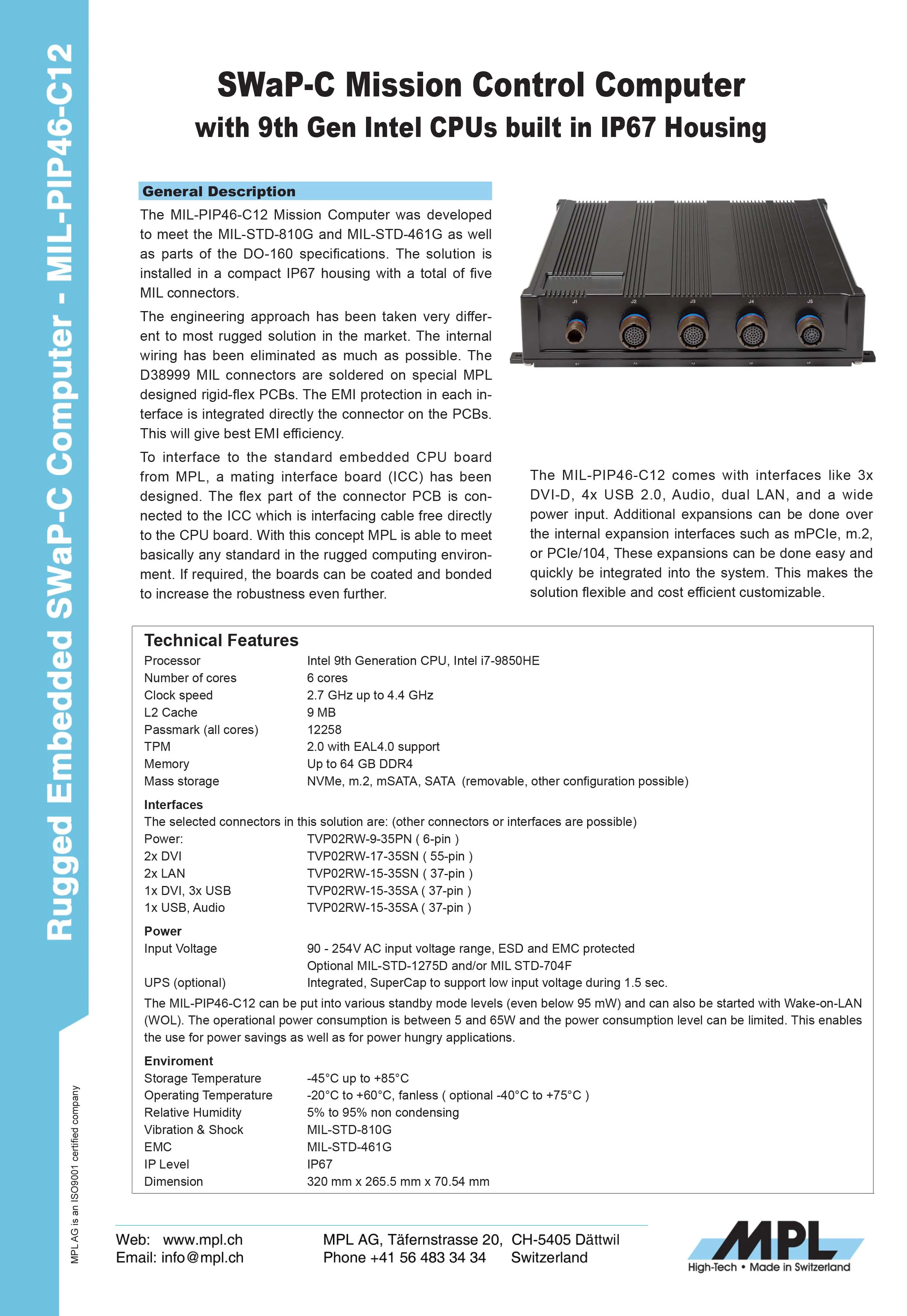 MIL-PIP46-C12 SWaP-C Mission Control Computer with 9th Gen Intel CPUs built in IP67 Housing