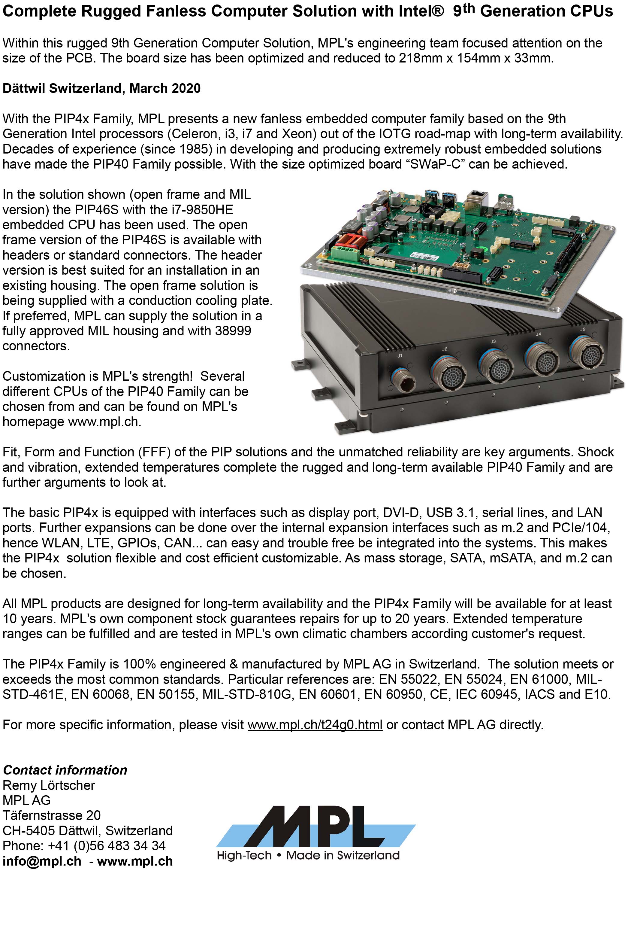PIP4xS Rugged Fanless Computer Solution with 9th Gen CPU