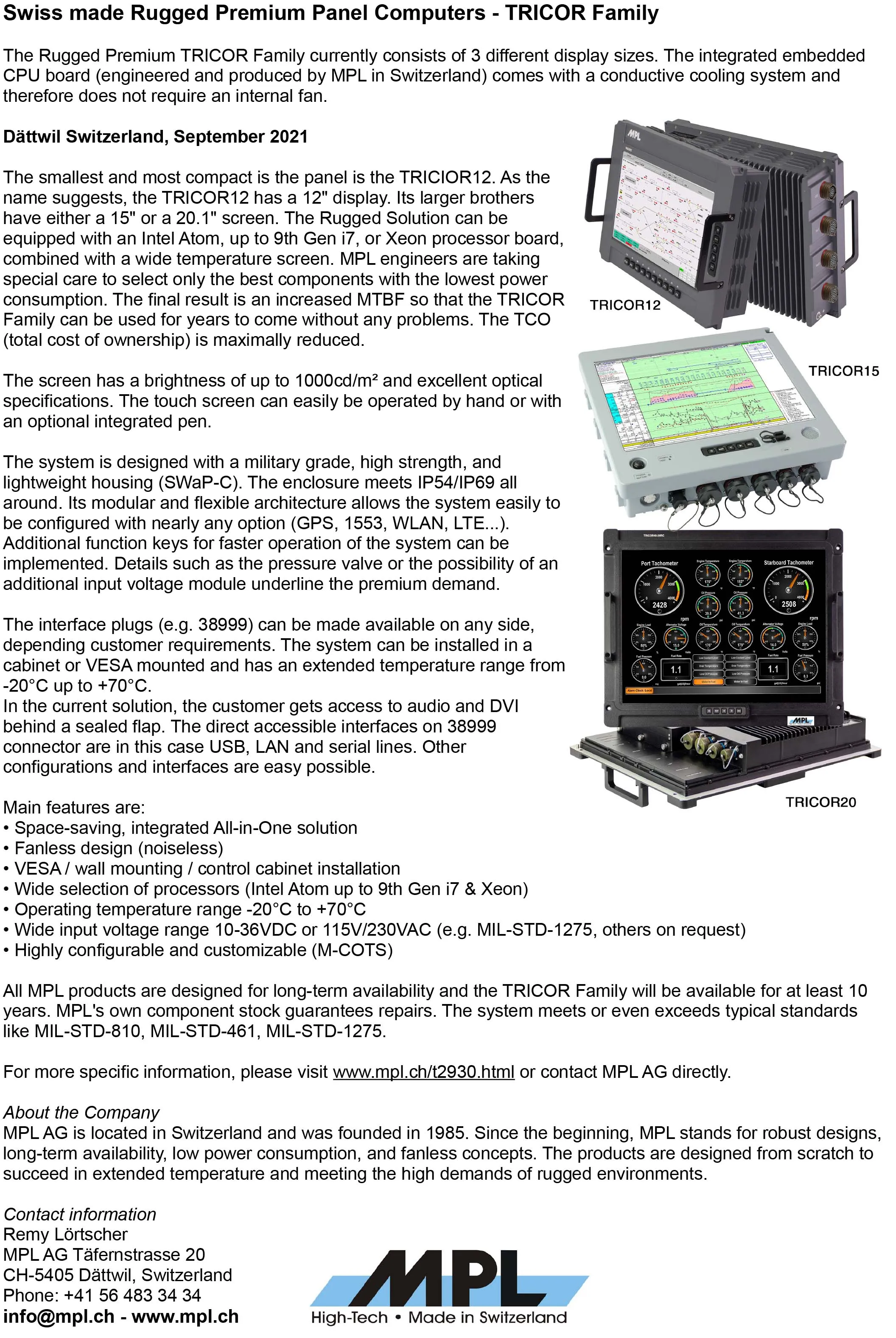 TRICOR Swiss made Rugged Premium Panel Computers
