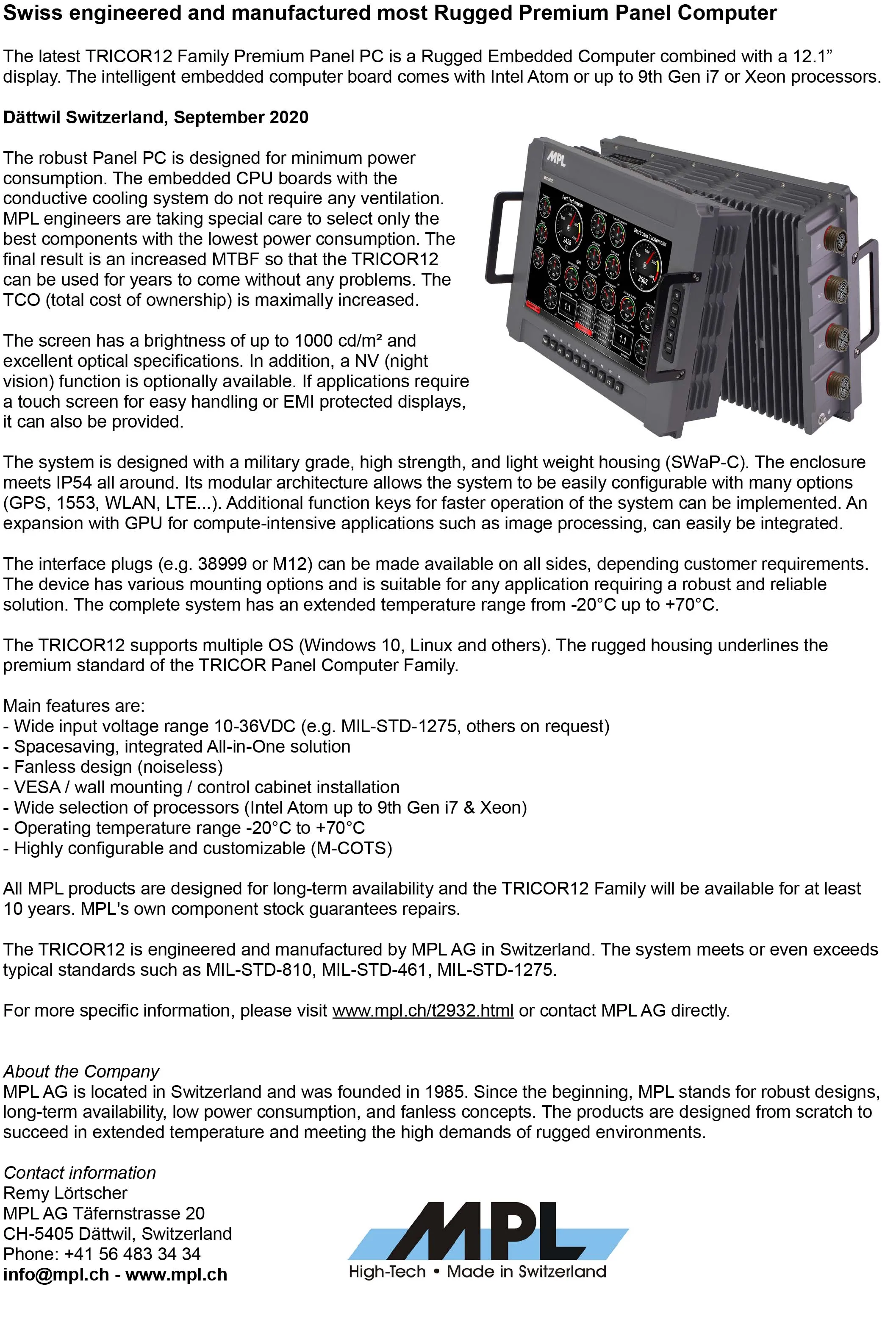 TRICOR12 Swiss engineered and manufactured Rugged Panel Computer