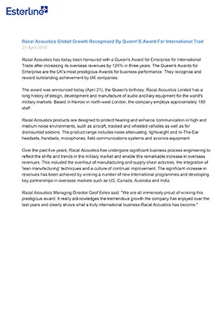 Racal Acoustics global growth recognised by Queen\'s Award for International Trad