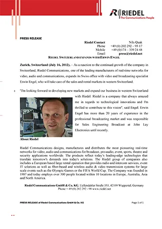 Riedel Switzerland Expands With Erwin Engel