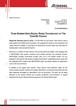 Team Garmin Uses Riedel Radio Technology At The Tour De France