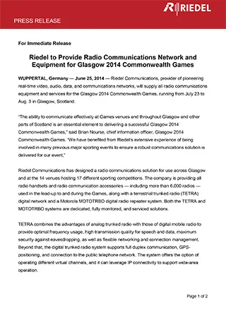 Riedel to Provide Radio Communications Network and Equipment for Glasgow 2014 Commonwealth Games