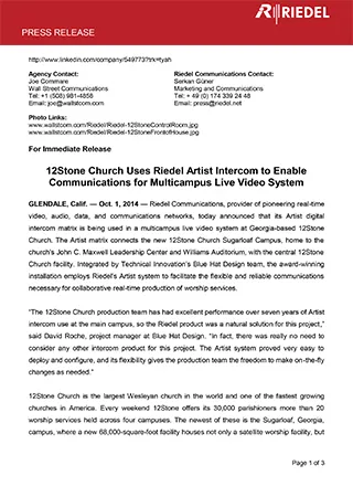 12Stone Church Uses Riedel Artist Intercom to Enable Communications for Multicampus Live Video System