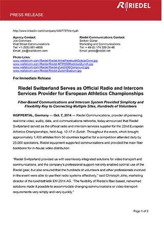 Riedel Switzerland Serves as Official Radio and Intercom Services Provider for European Athletics Championships
