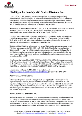 Sital Signs Partnership with Sealevel Systems Inc.