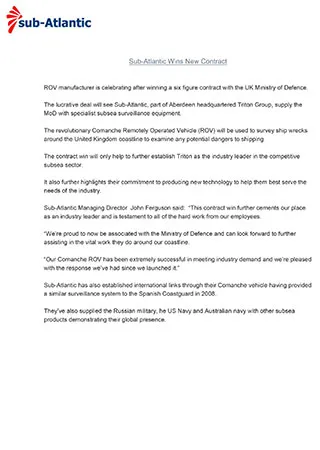 Sub-Atlantic Wins New Contract