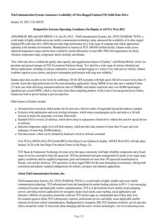 TeleCommunication Systems Announces Availability of Ultra-Rugged Galatea(TM) Solid-State Drive