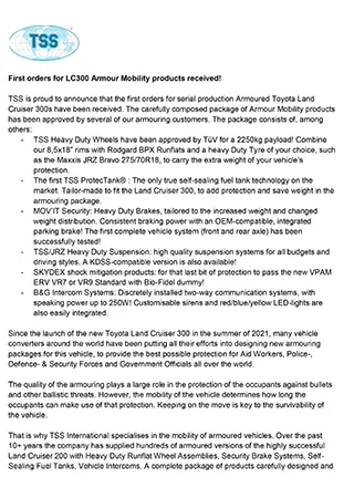First orders for LC300 Armour Mobility products received