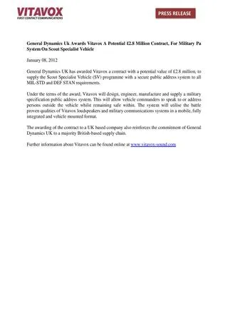 General Dynamics Uk Awards Vitavox A Potential 2.8 Million Contract, For Military Pa System On Scout Specialist Vehicle